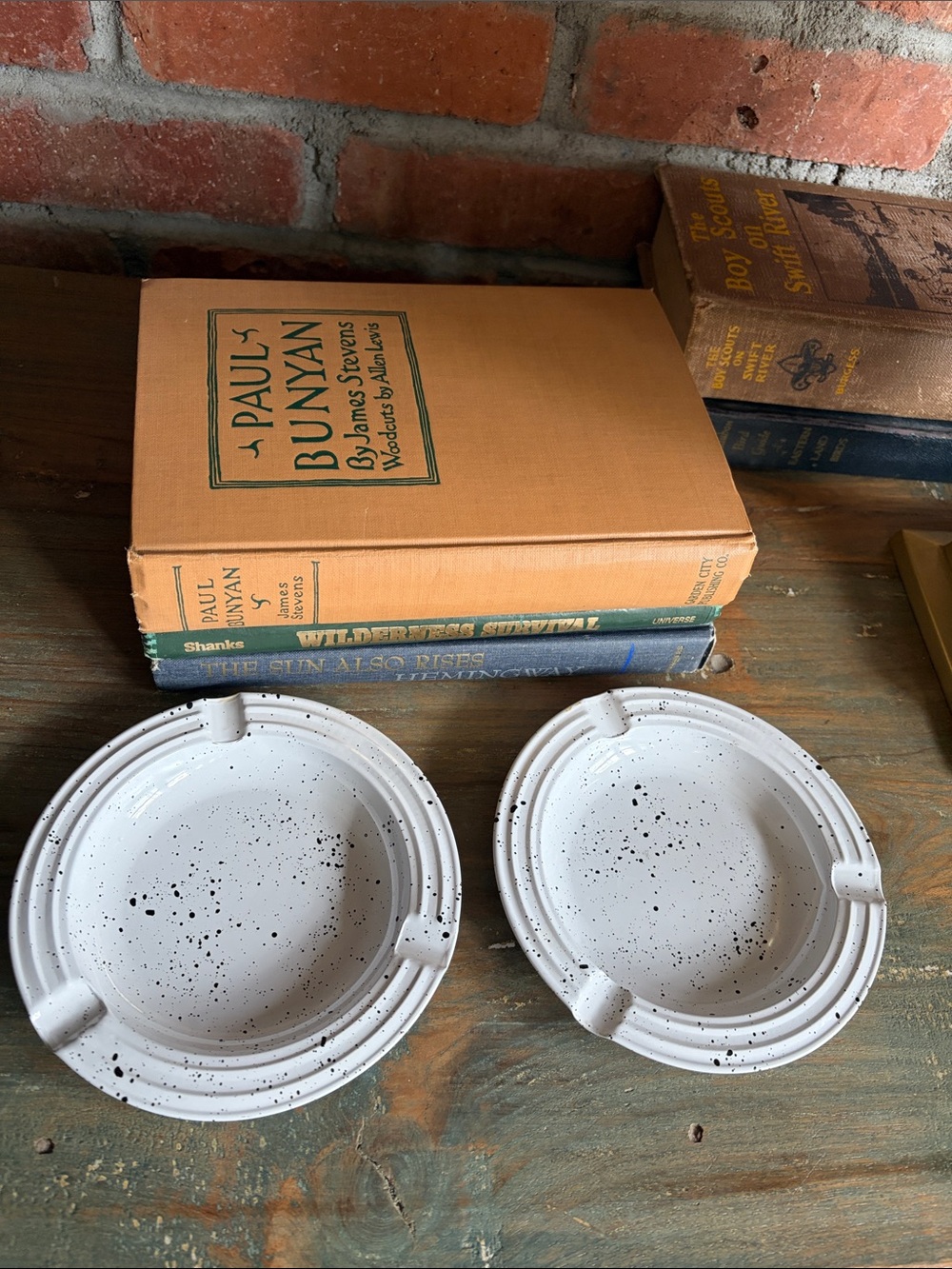 Two VINTAGE White Speckled Enamelware Ashtrays Made in Japan